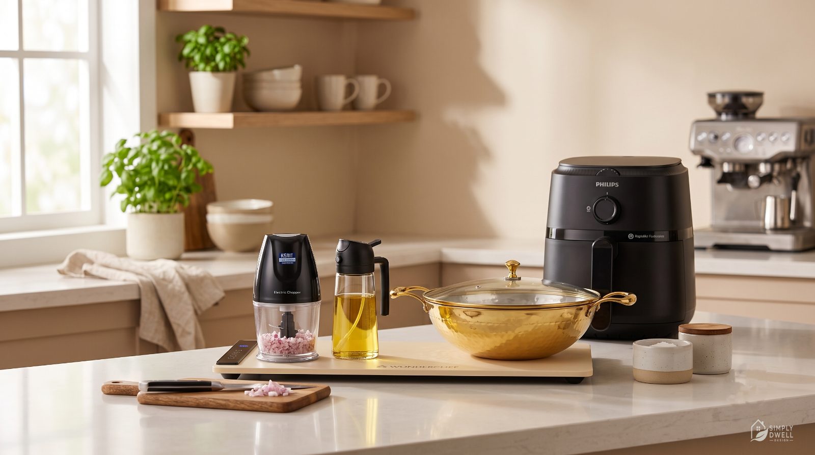 Modern Indian kitchen countertop displaying 5 easy no-renovation upgrades, including a Philips air fryer, a Kent electric chopper, an elegant brass kadai, a sleek oil dispenser, and a smart wooden base.